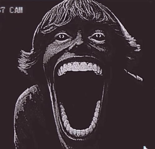 A Black And White Drawing Of A Person With Their Mouth Open And The Words " T Call " On The Bottom GIF