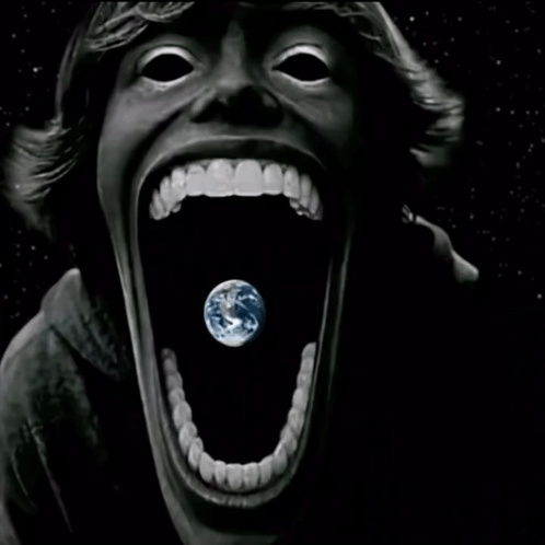 A Black And White Drawing Of A Person With Their Mouth Wide Open And The Earth In It GIF