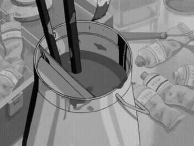 a black and white drawing of a pot filled with paint and brushes surrounded by bottles of paint