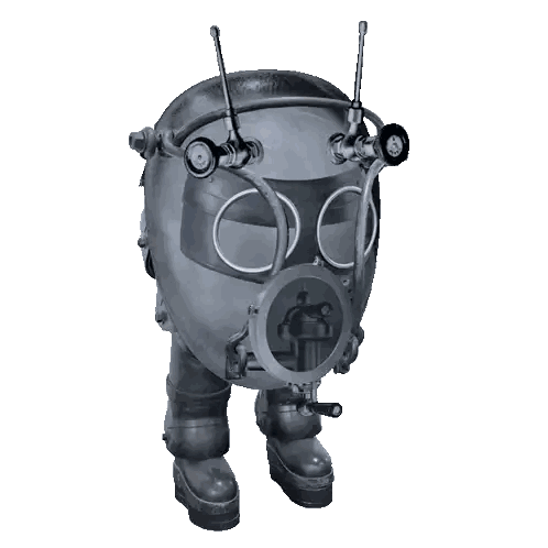 A Black And White Drawing Of A Robot With A Gas Mask Sticker