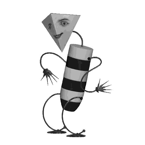 A Black And White Drawing Of A Robot With A Triangle Head Sticker