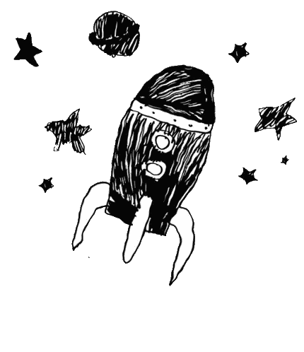 A Black And White Drawing Of A Rocket And Stars Sticker