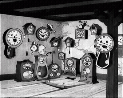 A Black And White Drawing Of A Room With Many Clocks GIF