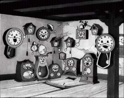 A Black And White Drawing Of A Room With Many Clocks On The Wall GIF