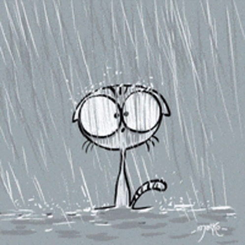 A Black And White Drawing Of A Sad Cat In The Rain . GIF