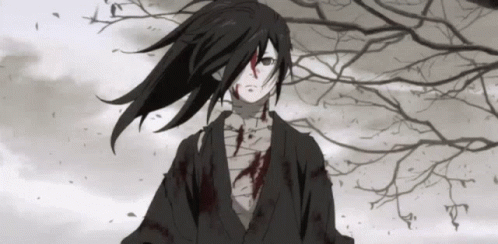 A Black And White Drawing Of A Samurai With Blood On His Face Standing In Front Of A Tree . GIF