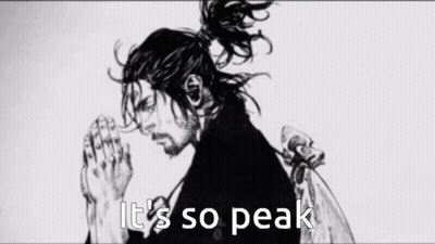 A Black And White Drawing Of A Samurai With The Words It 'S So Peak Behind Him GIF