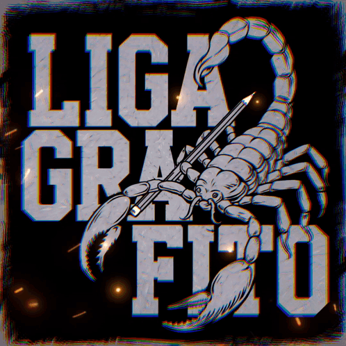 A Black And White Drawing Of A Scorpion Holding A Pencil With The Words Liga Grafito Written Below It GIF