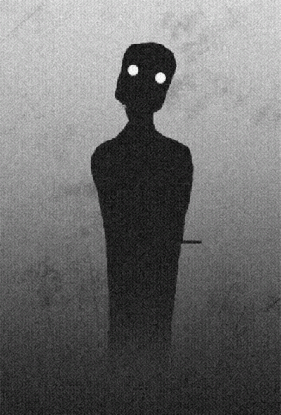 A Black And White Drawing Of A Silhouette Of A Person With White Eyes GIF