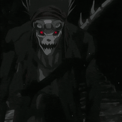 A Black And White Drawing Of A Skeleton With Red Eyes GIF
