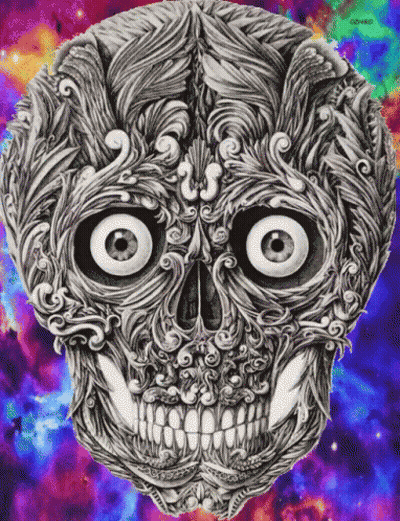 A Black And White Drawing Of A Skull With A Rainbow Background GIF