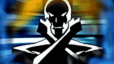 A Black And White Drawing Of A Skull With Crossed Arms GIF
