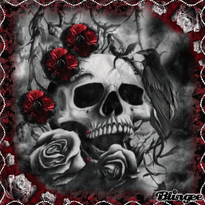 A Black And White Drawing Of A Skull With Red Roses And A Bird GIF