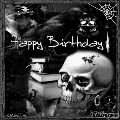 A Black And White Drawing Of A Skull With The Words Happy Birthday Written On It GIF