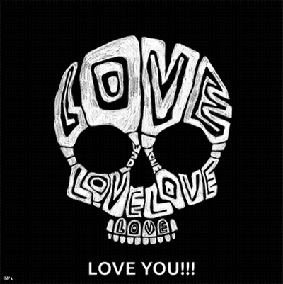 A Black And White Drawing Of A Skull With The Words Love Love Love Written Inside Of It GIF