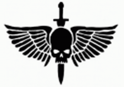 A Black And White Drawing Of A Skull With Wings And A Dagger . GIF