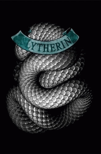 A Black And White Drawing Of A Snake With A Banner That Says `` Slytherin '' . GIF