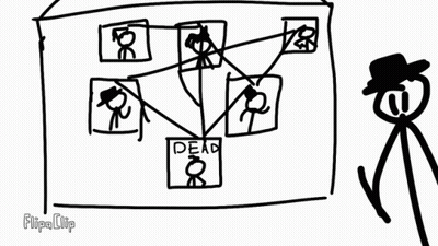 A Black And White Drawing Of A Stick Figure Holding A Gun In Front Of A Board That Says Dead On It . GIF