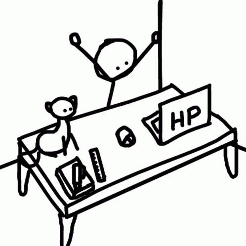 A Black And White Drawing Of A Stick Figure Sitting At A Table With A Laptop And A Monkey . GIF