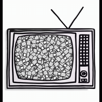 A Black And White Drawing Of A Television With Bandages On It GIF