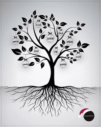 A Black And White Drawing Of A Tree With Roots And Christmas Decorations GIF