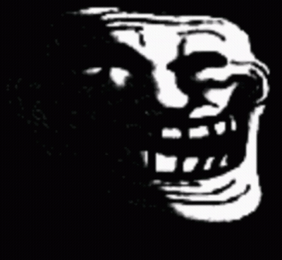 A Black And White Drawing Of A Troll Face With A Beard And Teeth . GIF