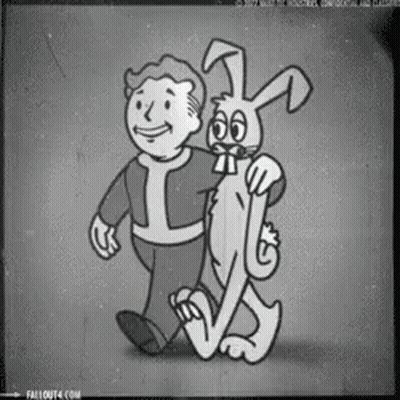 A Black And White Drawing Of A Vault Boy And A Bunny GIF