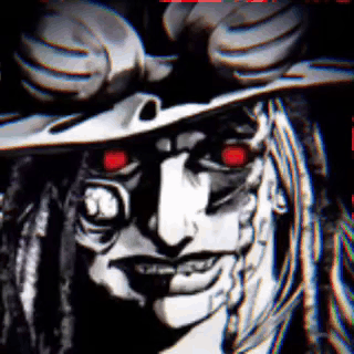 A Black And White Drawing Of A Witch With Red Eyes And Dreadlocks Wearing A Hat . GIF