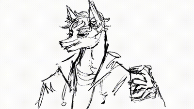 A Black And White Drawing Of A Wolf With Purple Writing That Says Huh ? GIF