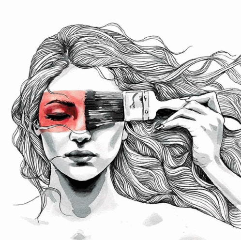 A Black And White Drawing Of A Woman Holding A Paint Brush Over Her Eyes GIF