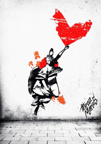 A Black And White Drawing Of A Woman Holding A Red Heart With Bullet Holes In It Is Signed By Brian Merrick GIF