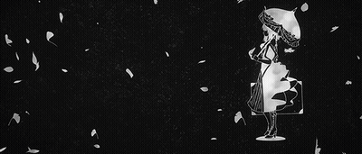 A Black And White Drawing Of A Woman Holding An Umbrella While Leaves Fall Around Her . GIF