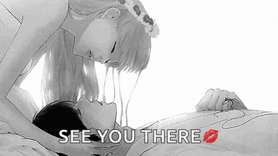 A Black And White Drawing Of A Woman Kissing A Man With The Words See You There Above Them GIF