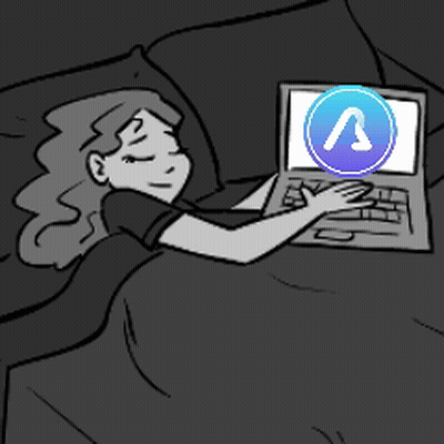 A Black And White Drawing Of A Woman Laying In Bed Using A Laptop Computer GIF