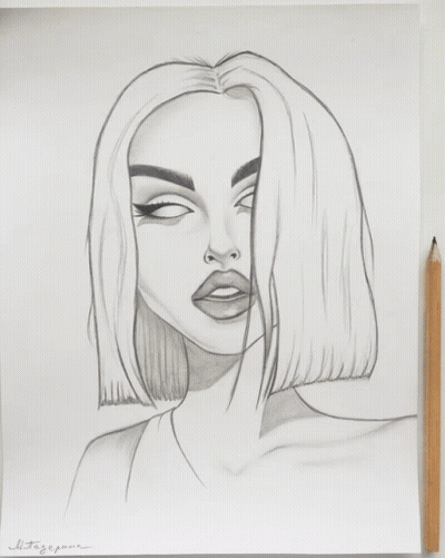 A Black And White Drawing Of A Woman 'S Face And Ear GIF