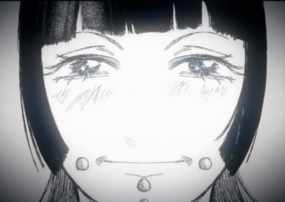 A Black And White Drawing Of A Woman 'S Face With A Smiley Face GIF