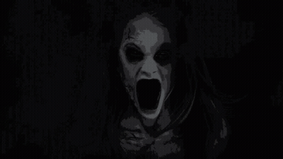 A Black And White Drawing Of A Woman Screaming With Her Mouth Open In The Dark . GIF