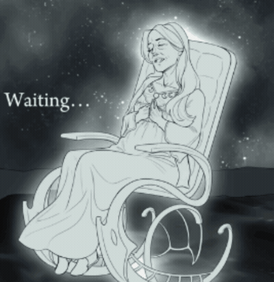 A Black And White Drawing Of A Woman Sitting In A Rocking Chair With The Words " Waiting " Below Her GIF