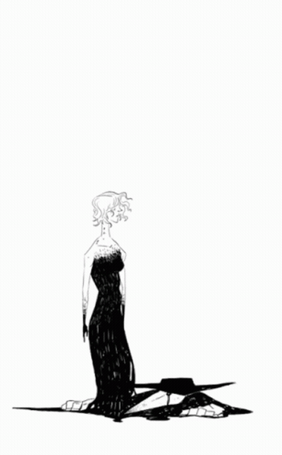 A Black And White Drawing Of A Woman Standing Next To A Man With A Long Beak . GIF