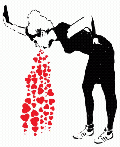 A Black And White Drawing Of A Woman Vomiting Hearts On A White Background GIF