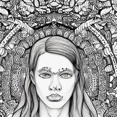 A Black And White Drawing Of A Woman With A Crown Around Her Head GIF