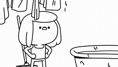 A Black And White Drawing Of A Woman With A Mop Standing In The Spotlight . GIF