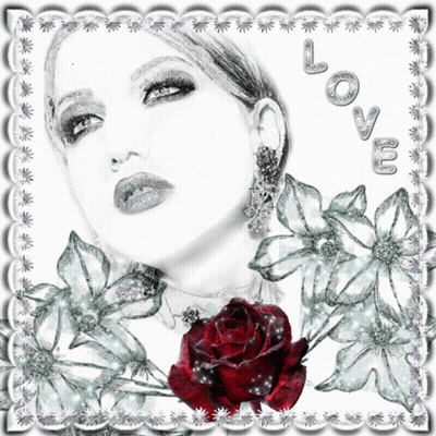 A Black And White Drawing Of A Woman With A Red Rose And The Word Love GIF