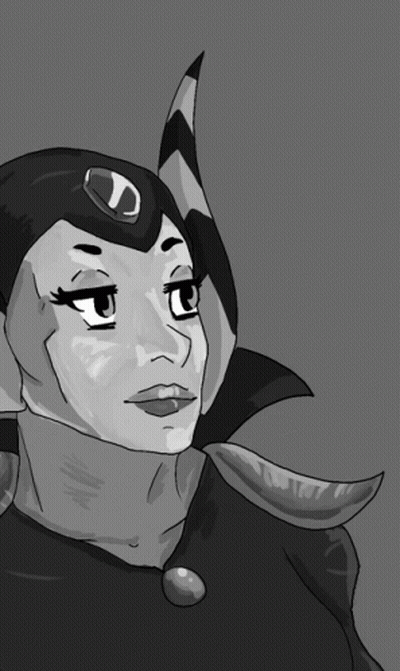 A Black And White Drawing Of A Woman With Horns And A Letter D On Her Hat GIF