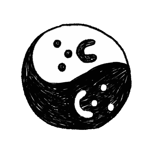A Black And White Drawing Of A Yin Yang Symbol With A Sad Face Sticker