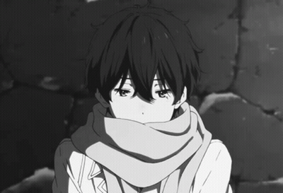 A Black And White Drawing Of A Young Boy With A Scarf Around His Neck GIF