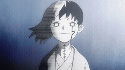 A Black And White Drawing Of A Young Boy With Stitches On His Neck GIF