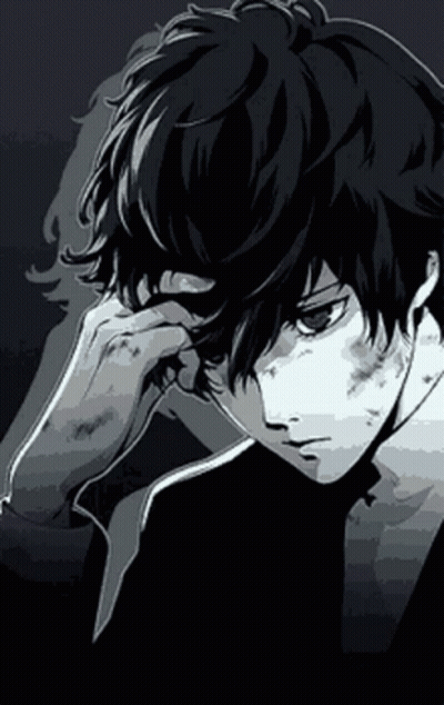 A Black And White Drawing Of A Young Man With His Hand On His Face GIF