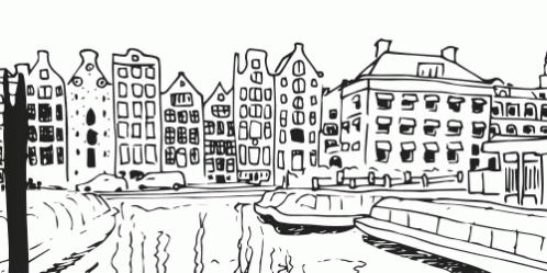 A Black And White Drawing Of Amsterdam Buildings GIF