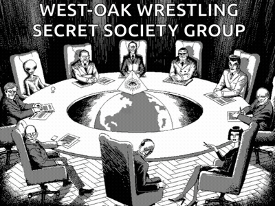 A Black And White Drawing Of People Around A Round Table With The Words West-Oak Wrestling Secret Society Group GIF
